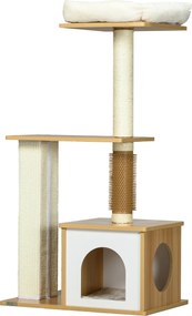 PawHut Drapak dla kota, koci domek, kocie łóżko, platforma, 59,5 cm x 39,5 cm x 114 cm, Brąz + Biały