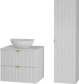 Biały Zestaw Łazienkowy 60cm Szafka z Blatem Umywalka Słupek Ryflowane Fronty Arcos