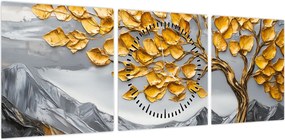 Obraz – Drzewo ze złotymi liśćmi (z zegarem) (90x30 cm)