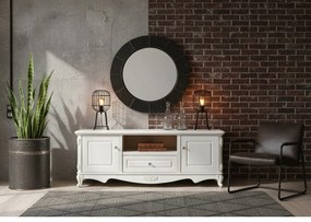 Stylowa szafka pod telewizor Anastasia, w kolorze ecru, wymiary 160x60 cm. Szafka rtv ma cokół z motywem róży, ornamentowe gałki. Francuski styl, kolekcja La Perle.