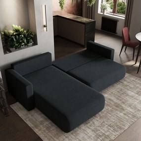 Masseno Narożnik TURIN z funkcją spania i pojemnikiem na pościel do Salonu, Rozkładana sofa - Czarny, SORO 100