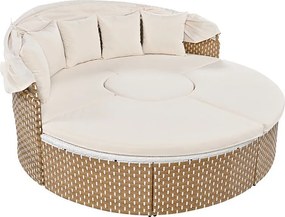 Zestaw mebli ogrodowych okrągły - Sofa lounge z PE rattanem z regulowanym daszkiem - 4 miejsca i 1 stolik kawowy - Beżowy