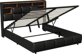 Łóżko tapicerowane 160×200 cm z gniazdkami USB i sieciowymi, łóżko dziecięce z podstawą z listew i schowkiem, łóżko ze schowkiem LED, czarna skóra ekologiczna