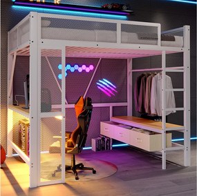 Metalowe łóżko piętrowe dla dzieci - 140 x 200 cm - z USB + LED + biurko + otwarta szafa i 3 szuflady - MDF + metal - białe