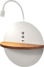 Dual - Kinkiet z półką i oświetleniem LED 15W Fabas Luce Ściemniacz dotykowy - Matowa biel z wbudowanym portem USB w kolorze drewna