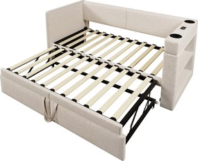 Leżanka 90x200 cm, beżowy len, łóżko wysuwane z ładowaniem USB, uchwytem na kubek i półką, bez materaca