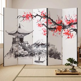 Parawan pokojowy 5-częściowy 225x172 Jednostronny dekoracyjny japandi Szary Pejzaż Z Pagodą