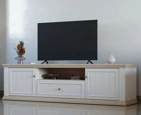 Szafka RTV z szufladą, półkami i wnęką Pontypool 131, biały/dąb Riva