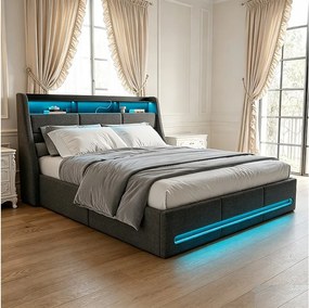 Nowoczesne szare łóżko tapicerowane Lin z pojemnikiem na pościel z oświetleniem LED i portami USB - 160 x 200 cm