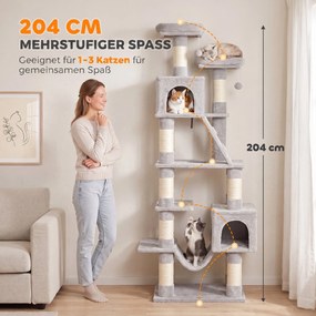 PawHut Drapak 204 cm drapak dla kota z kryjówkami i drabinką wielopoziomowy drapak dla 1–3 kotów po 6 kg jasnoszary | Aosom PL