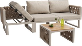 Salon ogrodowy, zestaw mebli, lin, na 5 osób - kanapa narożna - stolik kawowy i drewniany blat - z żelaza ocynkowanego, Beżowy