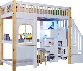 Łóżko piętrowe dla dzieci - 90 x 200 cm - z oświetleniem LED + drabinka + biurko + półka - drewno - kolor biały + naturalny