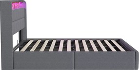 Łóżko podwójne 160x200 cm szare z miejscem do przechowywania, oświetleniem LED RGB, portami USB i wysuwanymi szufladami – nowoczesny design z tkaniny lnianej