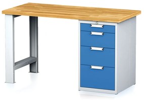 Stół warsztatowy MECHANIC, 1500x685x880 mm, 1x szufladowy kontener, 4 szuflady, szary/niebieski