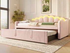 Kanapa z funkcją spania 90x200/180x200 cm - z wysuwanym łóżkiem - z taśmą LED - welur - różowy (materac nie jest w zestawie)