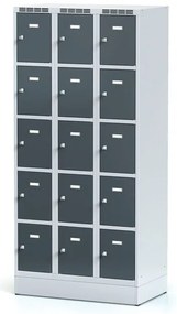 Szafka skrytkowa S6 na cokole, 15 schowków, 1920 x 900 x 500 mm, zamek obrotowy, drzwi ciemnoszare