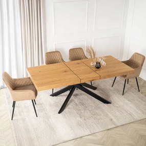 Zestaw Stół Prostokątny Rozkładany HAMPTON 160-240 cm Dąb/Czarny i 4 Krzesła Tapicerowane BRESSO Beżowe