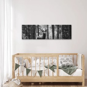 Obraz - Jeleń w lesie 2, czarno - biały (170x50 cm)