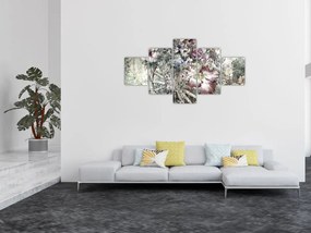 Obraz kwiatów na drewnianym kole (125x70 cm)