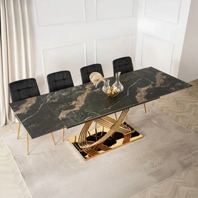 Zestaw Stół Rozkładany IBIZA 160-240 cm Czarny Marmur/Złoty i 4 Krzesła Tapicerowane YORK Czarne Glamour