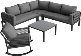Zestaw mebli ogrodowych modułowy 5-osobowy - z 1 fotelem bujanym + sofą + stolikiem + poduszkami - metalowy - szary