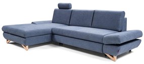 Rozkładana narożna sofa tapicerowana z pojemnikiem na pościel, układ L AVESTA lewa, niebieska