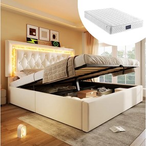 Łóżko tapicerowane dwuosobowe ze schowkiem - 140 x 200 cm - zagłówek z diodami LED + USB i Type-C - hydrauliczny schowek - welur - beżowe (z materacem)