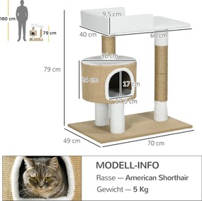 PawHut Drapak dla kotów z domem dla kota, 1 domem dla kota, 1 powierzchnią do leżenia, 70 cm x 49 cm x 79 cm, Naturalny + Biały
