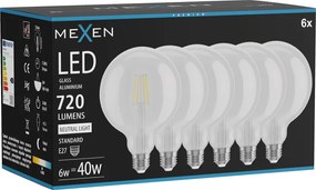 Mexen Vintis 6x żarówka filament LED E27, G125, 6W, Neutralna - 4000K, 720 lm, clear - L158-E27-0640-00x06