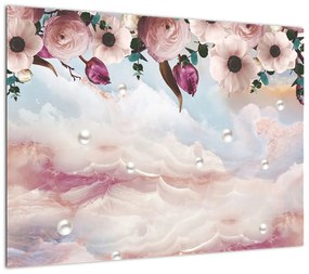 Obraz na szkle różowych kwiatów z różowym marmurem (70x50 cm)