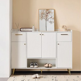 Biała szafka na buty z 2 szufladami i 4 drzwiami, złotymi uchwytami i nogami
