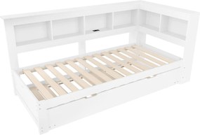 Łóżko dzienne 90x200 cm, łóżko dziecięce z wysuwanym łóżkiem i stelażem, 2 porty USB - białe (bez materaca)