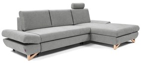 Rozkładana narożna sofa tapicerowana AVESTA z pojemnikiem na pościel, w układzie L, prawa — szara