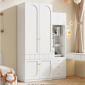 Zestaw szaf do sypialni - jednostka łączona składająca się z 1 szafy + regału - z drzwiami + szufladami - płyta MDF - biały