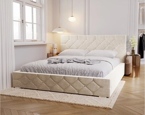 Emporius Solar łóżko tapicerowane 180x200 cm - eleganckie łóżko w stylu glamour - kryształki, pojemnik i stelaż, tkanina aksamitna, wanilia (Magic Velvet 2201)