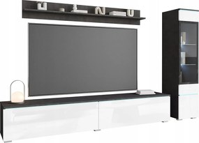 Nowoczesny zestaw mebli do salonu 3 elementy – szafka RTV 180 cm, witryna i półka, korpus matera mat, fronty biały połysk, stojąca lub wisząca