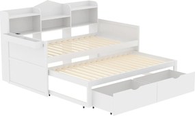 Łóżko wysuwane 90 x 200 cm + 90 x 190 cm z 2 szufladami, portem USB i schowkiem - drewno sosnowe + MDF - białe (bez materaca)