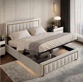 Łóżko z Pojemnikiem 160x200 cm Beżowy Aksamit z Pikowanym Zagłówkiem i Przechowywaniem, Współczesny Skandynawski Design, Nośność 250 kg, Bez Materaca