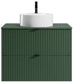 Podwieszana szafka łazienkowa prążkowana z okrągłą umywalką nablatową - Matowa zieleń - 80 cm - ZEVINI