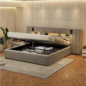 Łóżko dla dorosłych 180 x 200 cm – z portami USB i USB-C, oświetleniem LED – w kolorze aksamitnym – szarym – materac nie jest wliczony w cenę