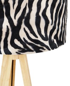 Lampa podłogowa drewniana z abażurem z tkaniny w pasy zebry 50 cm - Tripod Classic klasyczny/Antyczny Oswietlenie wewnetrzne