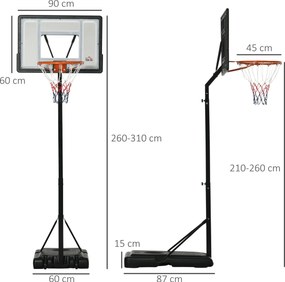 Stojak do koszykówki HOMCOM z kółkami rolowany 260-310 cm ze stali regulowanej wysokości