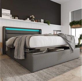 Łóżko dla dorosłych ze schowkiem 140 x 200 cm z zagłówkiem - LED - skóra ekologiczna - szare