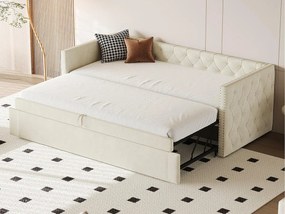 Łóżko z funkcją spania tapicerowane welurem - 90/180x200 cm - z stelażem na listwach - Beżowe