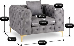 Fotel Wypoczynkowy SORRENTO 1S Szary Welurowy Nowoczesny Glamour