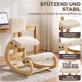 HOMCOM Ergonomiczny stołek kolanowy, stołek kolanowy z oparciem, wygląd sztruksu, fotel biurowy do domu, biura, medytacji, kremowo-biały | Aosom PL