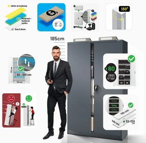 Szafa biurowa metalowa na akta antracytowa JAN II, 1150 x 1850 x 400 mm