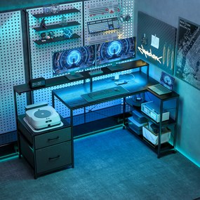 HOMCOM Biurko gamingowe w kształcie L z LED i gniazdami, z podwójnym uchwytem na monitory, 165x80x91,5 cm, czarna imitacja drewna | Aosom PL
