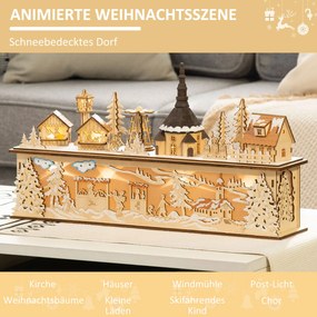 HOMCOM Dekoracja Bożonarodzeniowa, zasnowione miasteczko, 10 diod LED, ciepłe światło, sklejka, 45 x 10 x 25 cm