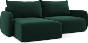 Ciemnozielony aksamitny rozkładany/ze schowkiem narożnik (lewostronny/z szezlongiem) Kalena – Makamii